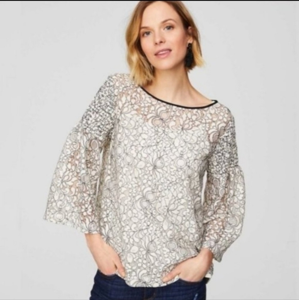 Loft | White and Black Lace Floral Smocked Sleeve Top Size SP
